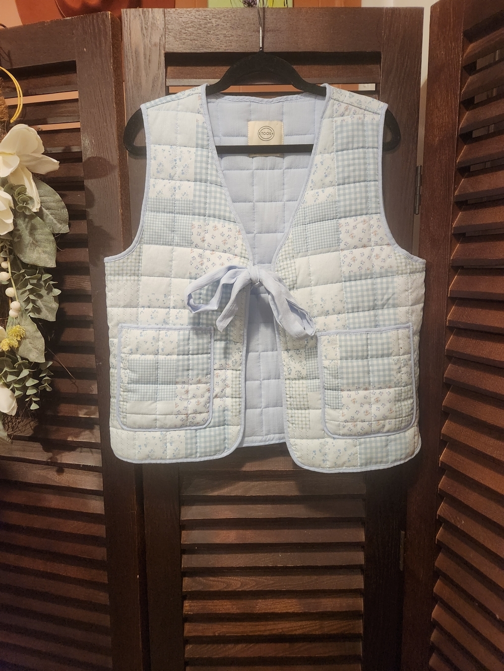 Stoosh Light Blue Quilted Patchwork Tie-Front Vest